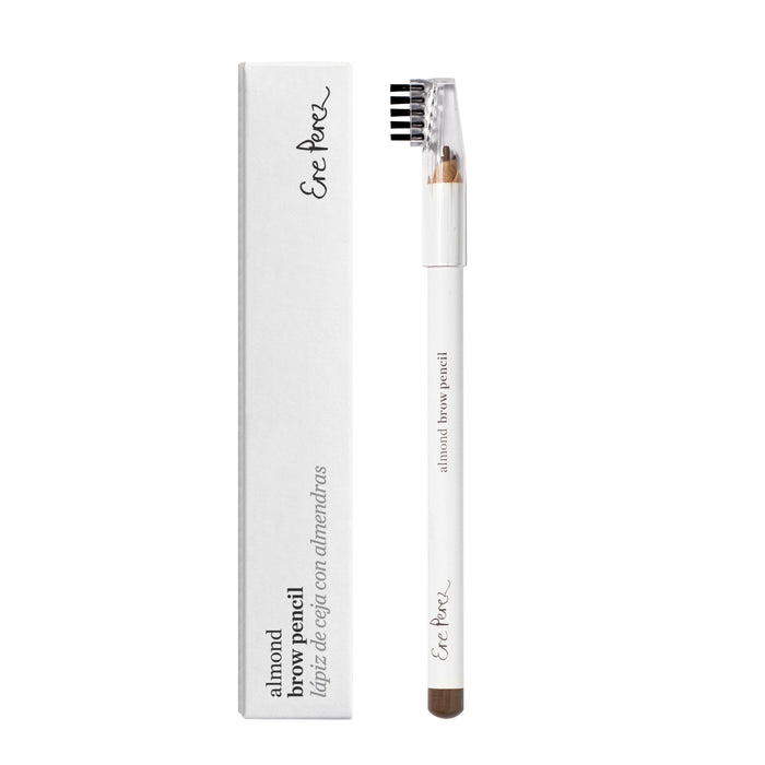 A white eyebrow pencil with a brush cap labeled almond brow pencil stands upright next to its matching white box, both featuring minimalist black text and the brand name Ere Perez.