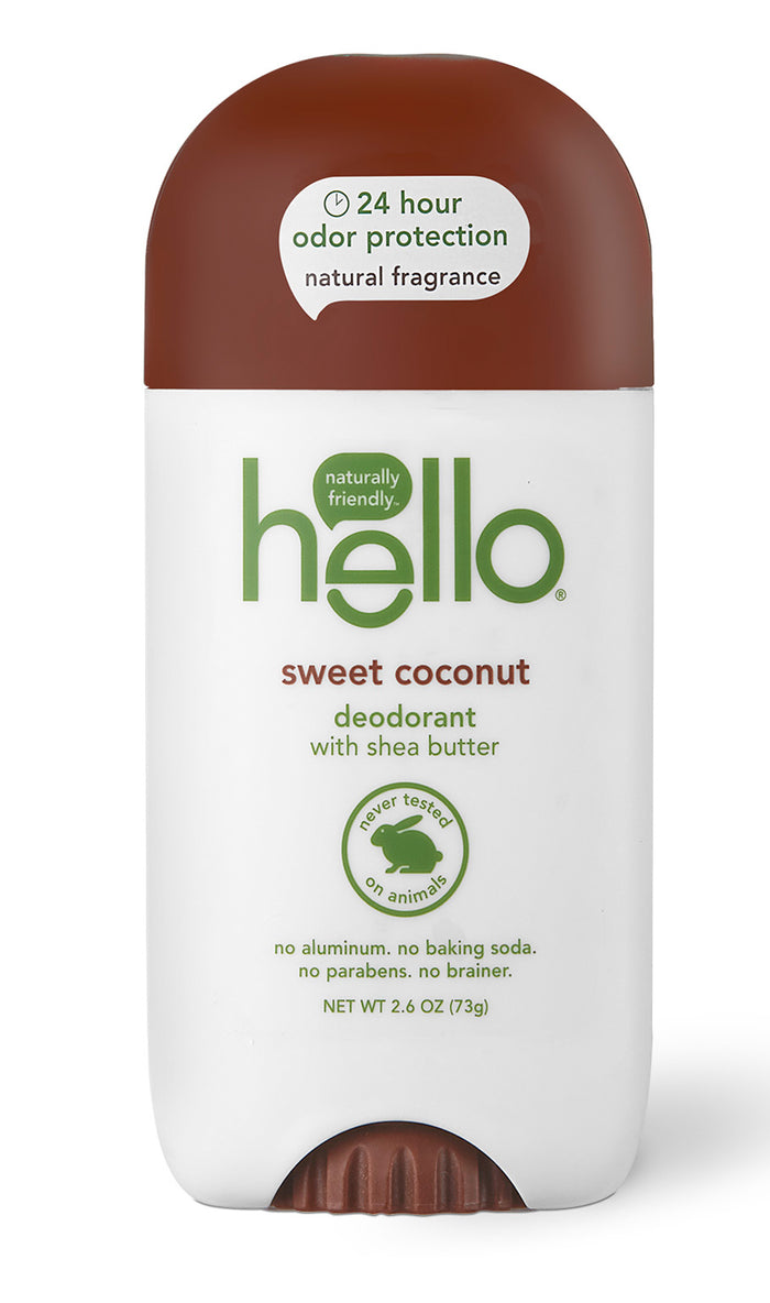 A stick of Hello brand deodorant in sweet coconut scent with shea butter, featuring a brown cap and white body. Labels highlight 24-hour odor protection, no aluminum, cruelty-free, and natural fragrance.