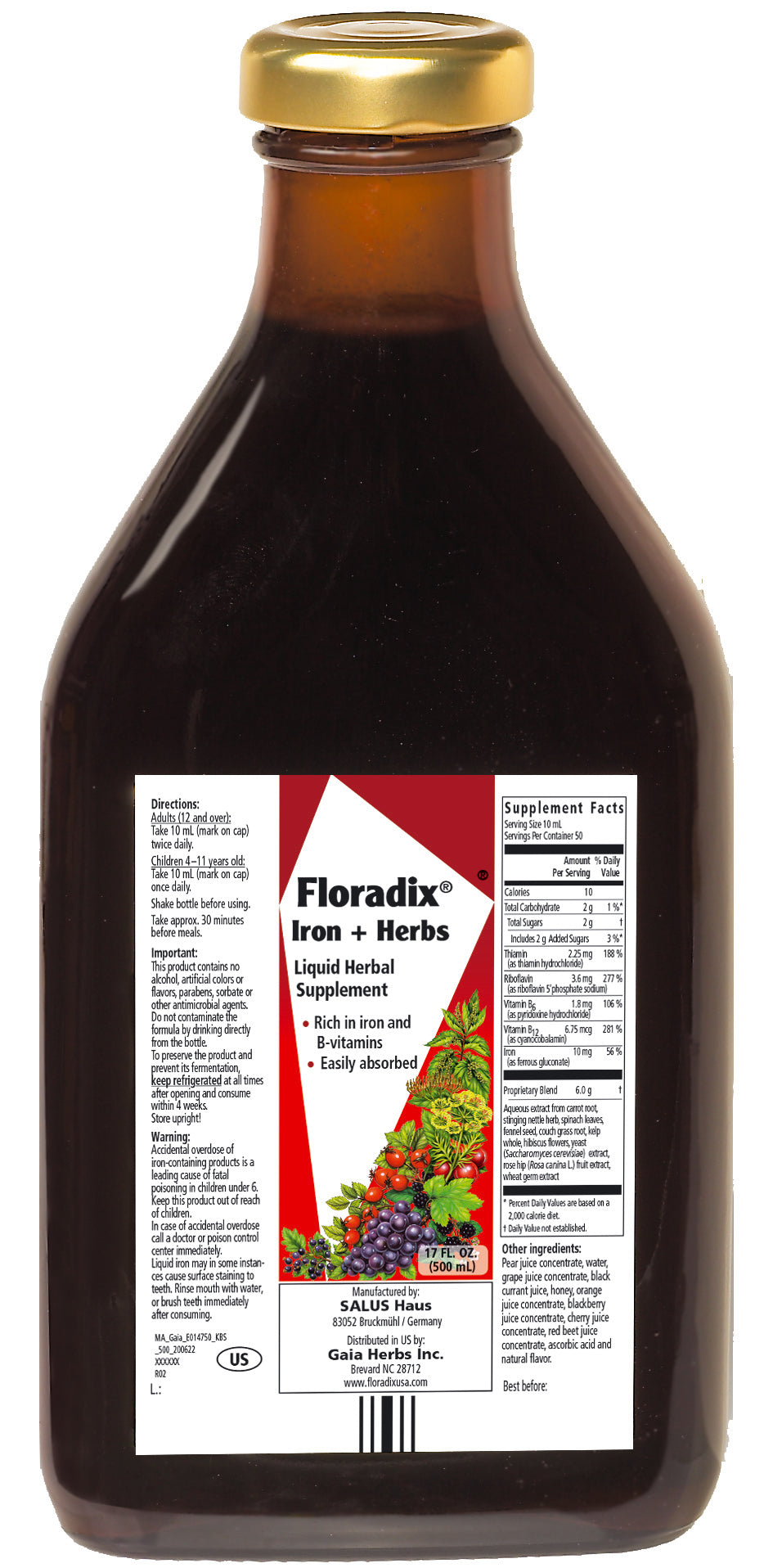 Floradixs Iron & Herbs liquid supplement features a dark brown vegetarian formula, rich in iron and vitamins for easy absorption. The label displays fruit and herbal imagery alongside directions and supplement facts.