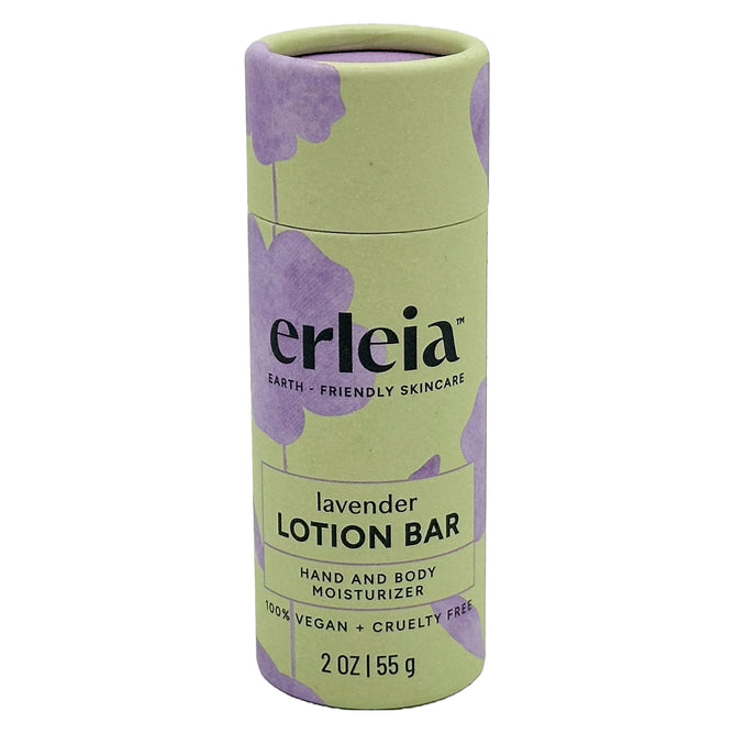 A cylindrical container of erleia lavender lotion bar with purple floral designs. The label reads earth-friendly skincare, hand and body moisturizer, 100% vegan + cruelty free, and 2 oz / 55 g.