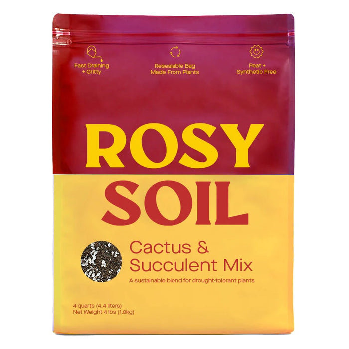 A red and yellow resealable bag labeled ROSY SOIL Cactus & Succulent Mix. The bag highlights features like fast draining, peat-free, synthetic-free, and made from plants. The bag contains 4 quarts (4 lbs).