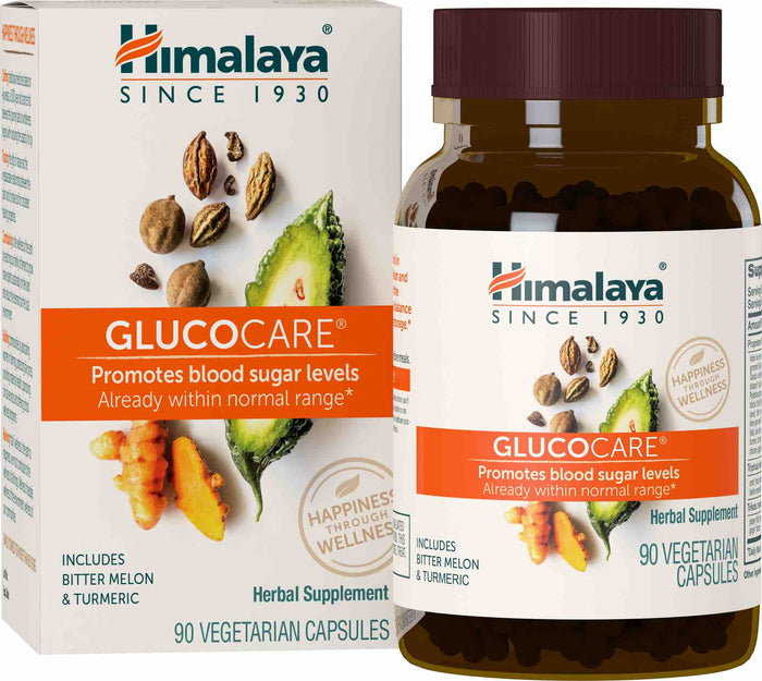 A bottle and box of Himalaya GlucoCare herbal supplement, featuring images of bitter melon, turmeric, and herbs. The label states it promotes blood sugar levels already within normal range and contains 90 vegetarian capsules.