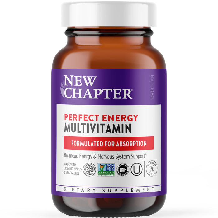 A brown bottle of New Chapter Perfect Energy Multivitamin with a purple and white label, showing it is formulated for absorption and supports energy and nervous system health. Several certification logos are visible on the front.