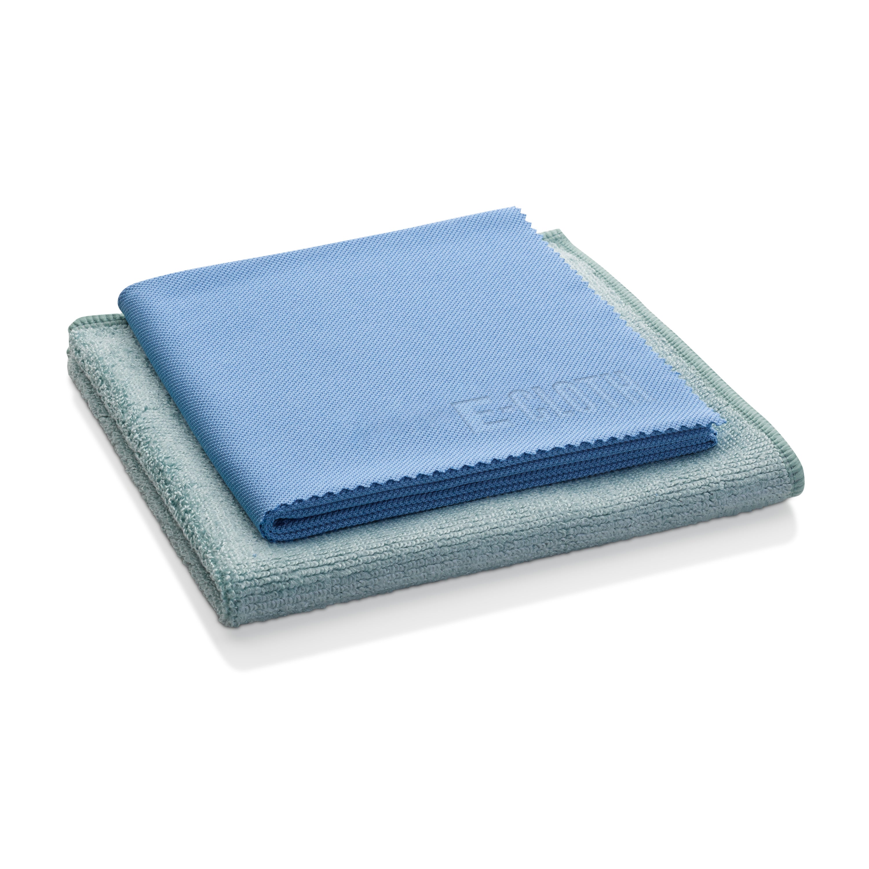 Two stacked microfiber cloths are on a white background. The top one, from the E-Cloth Kitchen Pack, is blue with smooth scalloped edges, and the bottom is light blue-green with a plush texture, perfect for chemical-free cleaning.