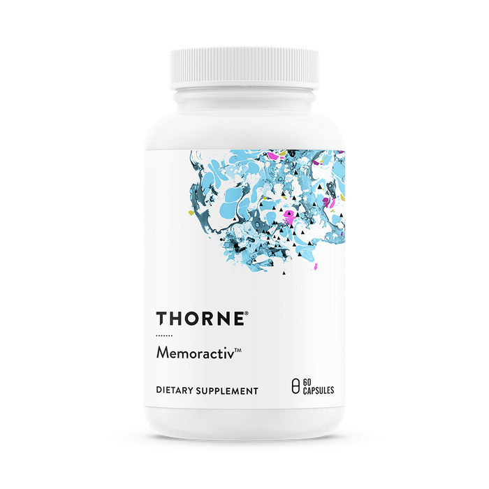 A white bottle of Thorne Memoractiv dietary supplement with a colorful abstract design on the label. The bottle contains 60 capsules.
