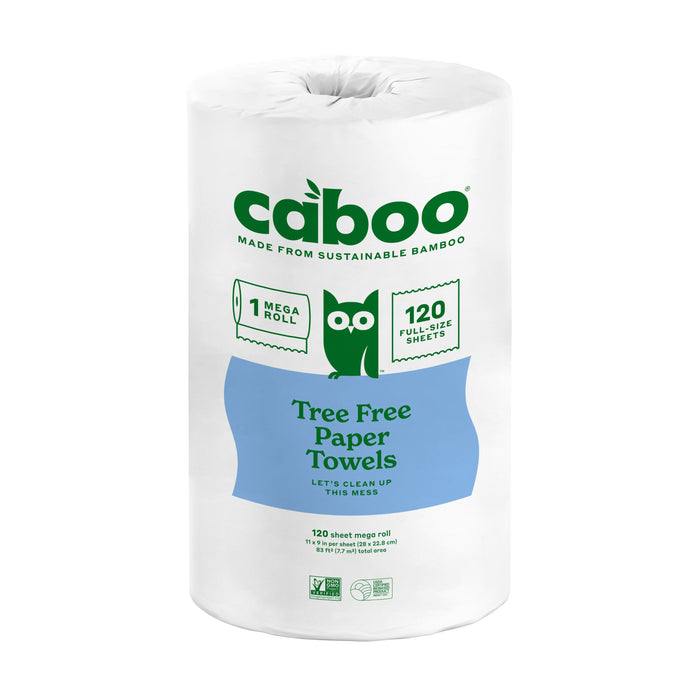 A single roll of Caboo tree-free paper towels made from sustainable bamboo, with 120 full-size sheets. The packaging is white with green and blue text and features an illustrated green owl.