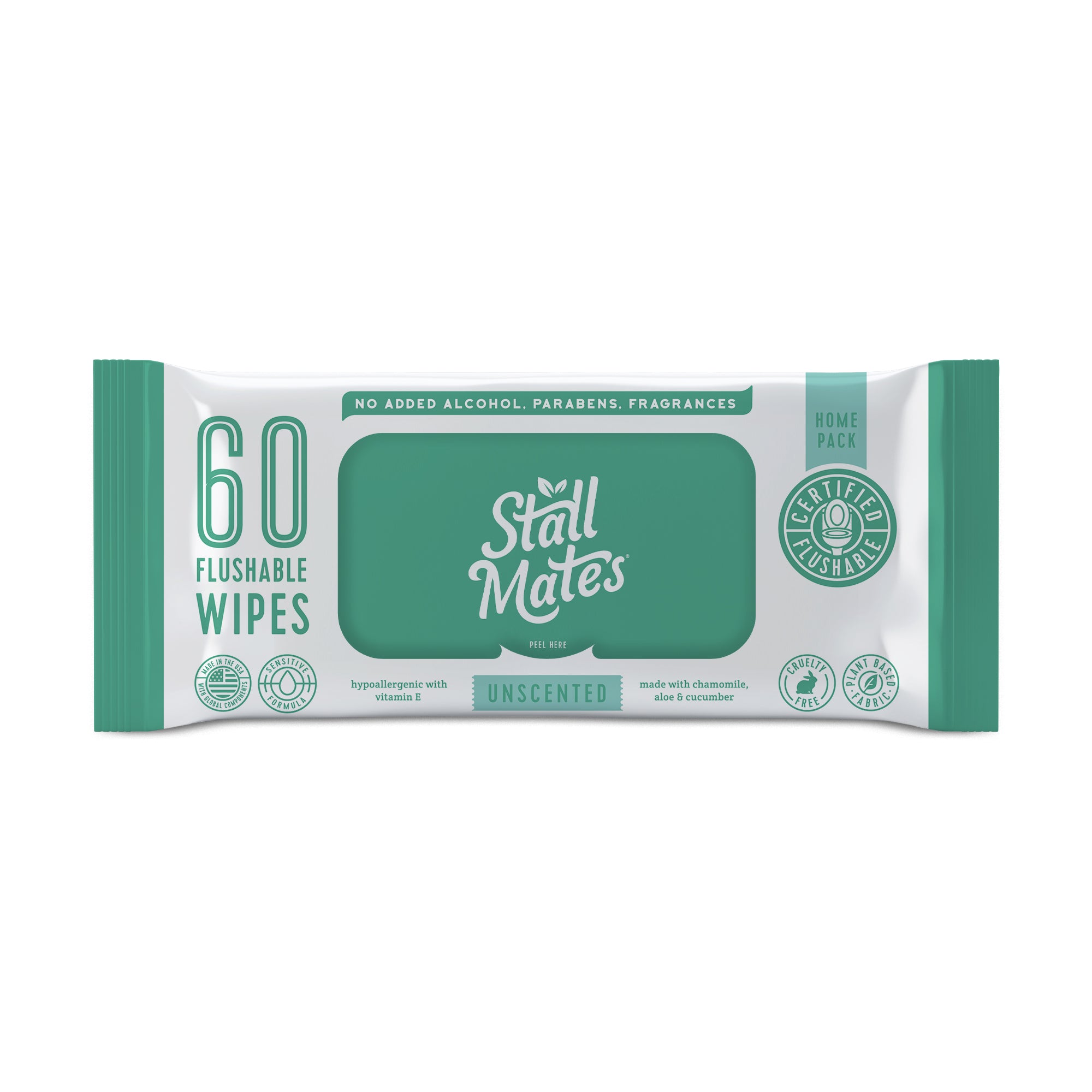 The Stall Mates Flushable Wipes pack, in green and white packaging, contains 60 unscented hypoallergenic wipes with vitamin E. Utilizing Hydraspun Dispersible technology, these certified flushable wipes offer convenience and peace of mind.