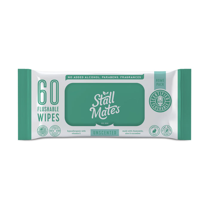 A package of Stall Mates unscented flushable wipes, containing 60 wipes. The packaging is green and white, and features icons for hypoallergenic, vitamin E, aloe, and cucumber.