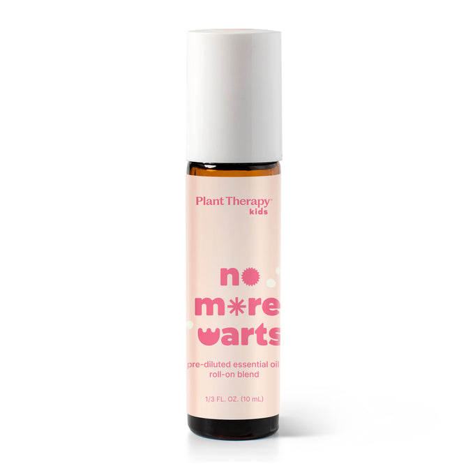 A 10 ml Plant Therapy No More Warts Roll-On Essential Oil Blend, featuring a white cap and a light-colored label with pink, red, and yellow text—formulated with natural essential oils for an effective wart remover solution.