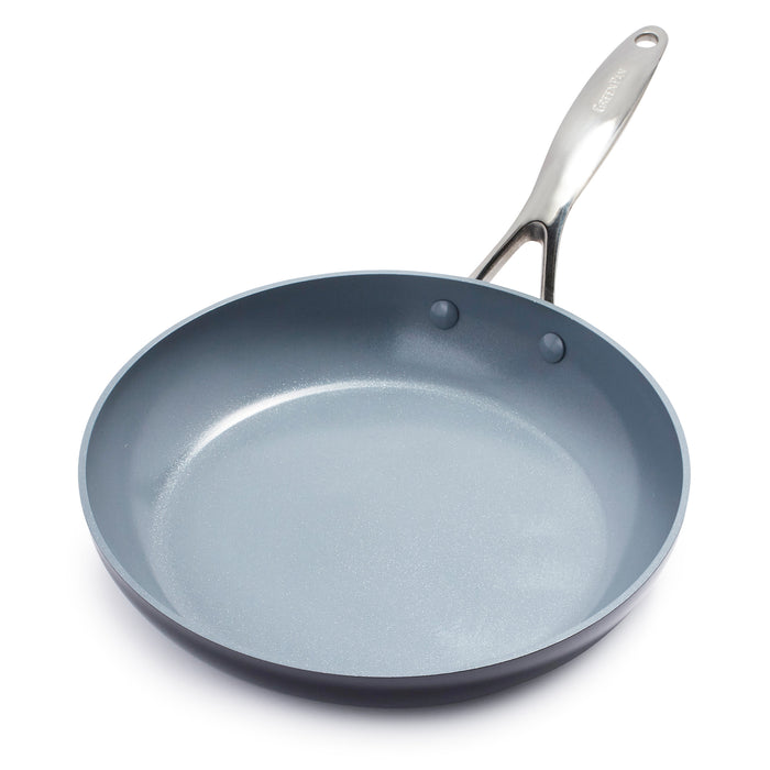 A nonstick frying pan with a gray interior and a silver metal handle, photographed against a white background.
