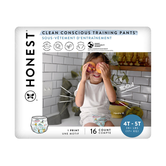 A package of Honest brand Clean Conscious Training Pants, featuring a smiling child holding fruit over their eyes. The packaging shows the size 4T-5T for 38+ lbs, and contains 16 pants with a playful print.