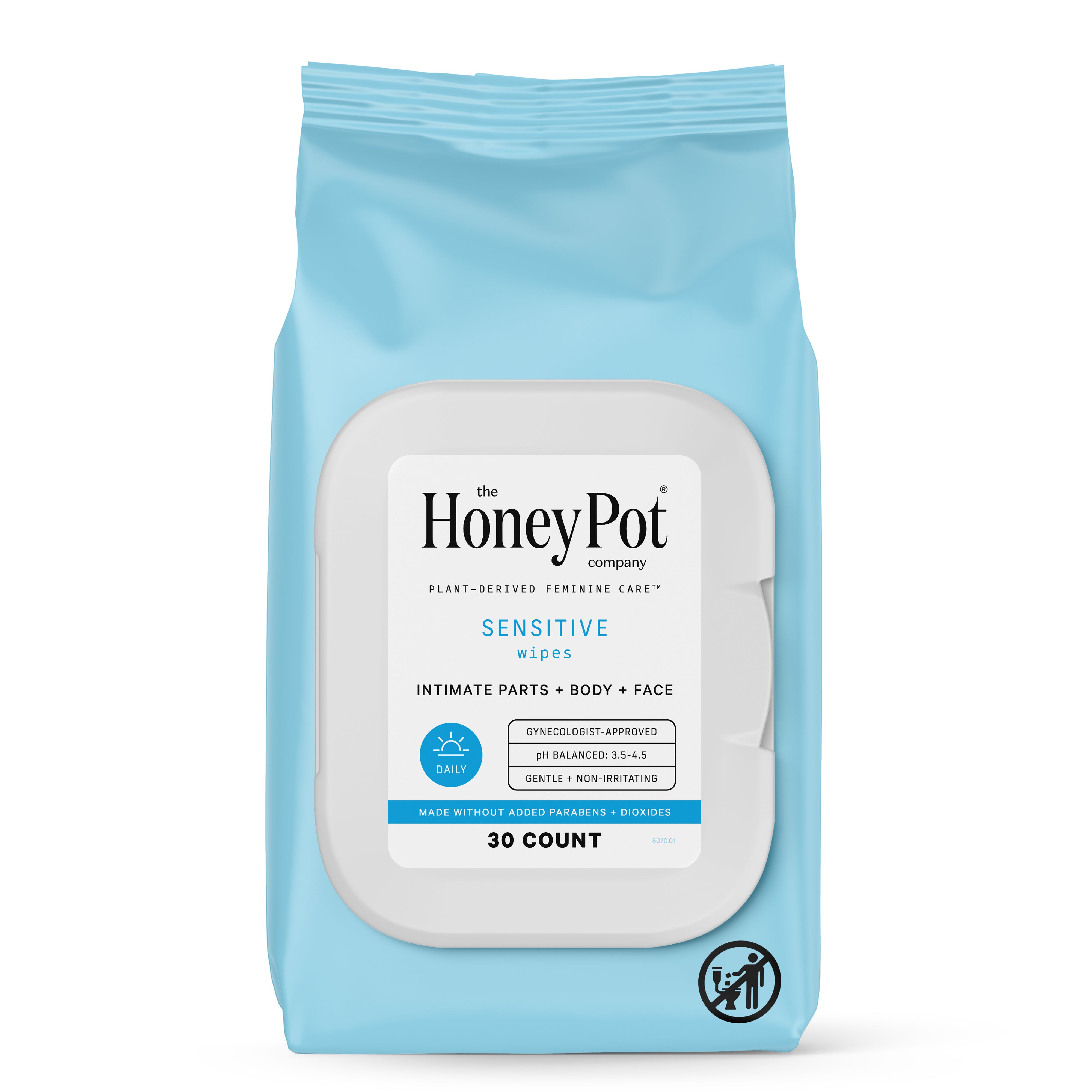 The Honeypot Companys Intimate Wipes - Sensitive come in a blue package and are crafted for use on intimate parts, body, and face. This feminine hygiene essential contains 30 dermatologist-tested, pH-balanced wipes free of parabens to maintain proper vaginal pH.
