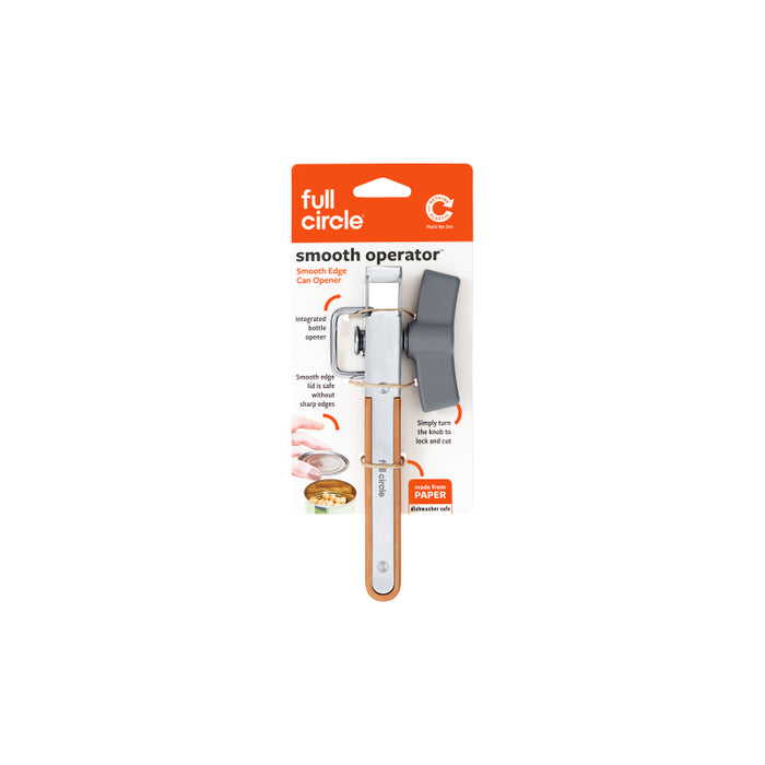 A Full Circle brand Smooth Operator can opener in its packaging, featuring a white and orange handle. The packaging highlights the product’s features and shows images demonstrating its use.