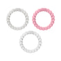 Three round, beaded baby teething rings shown on a white background—two are white and one is pink. Each ring has the brand name Dr. Browns embossed on the top.