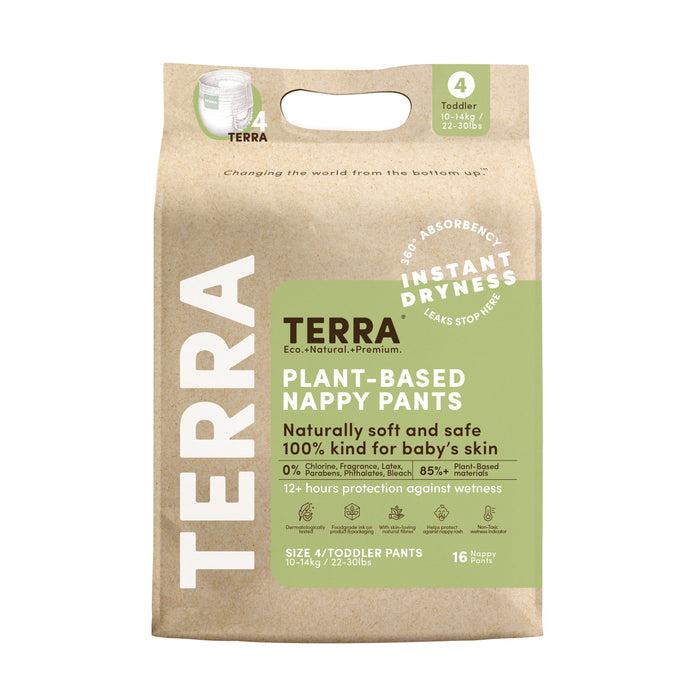 A package of TERRA plant-based nappy pants for toddlers, size 4 (10-14 kg), featuring eco-friendly claims, instant dryness, and 16 pants per pack. The packaging is beige with green and white text.