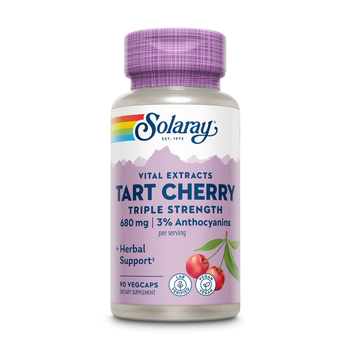 A bottle of Solaray Vital Extracts Tart Cherry Triple Strength dietary supplement, featuring a purple cap, colorful branding, and an illustration of cherries. The label highlights 680 mg, 3% anthocyanins, and 90 veggie capsules.