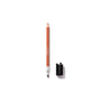 An orange makeup pencil with a brush tip on one end and a sharpener with rms beauty branding placed to the right, all on a white background.