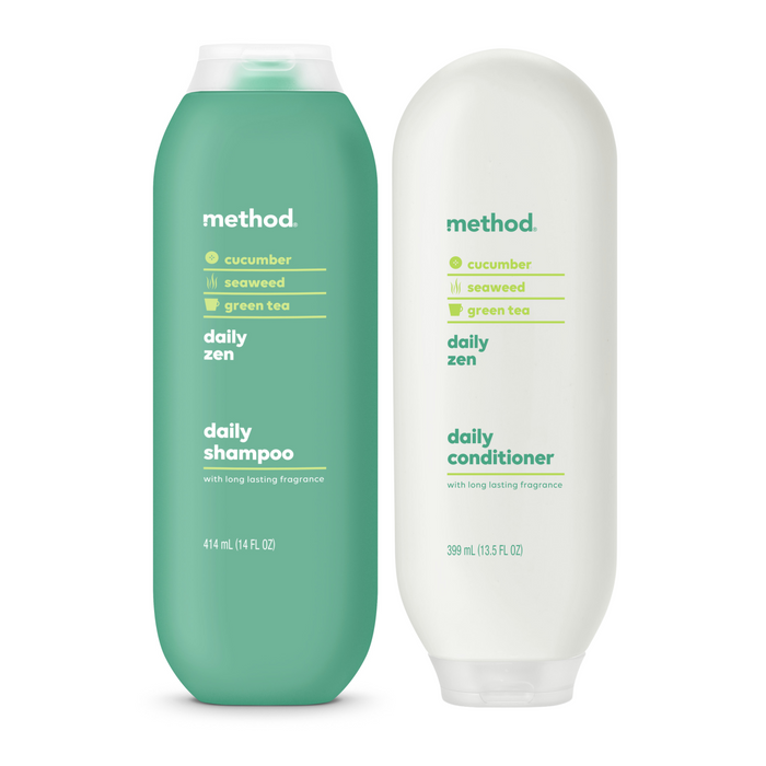 The Shampoo + Conditioner Set by method includes a green cucumber, seaweed, and green tea shampoo with a matching white conditioner. Designed minimally with lime green details, theyre cruelty-free and come in eco-friendly recycled packaging for mindful self-care.