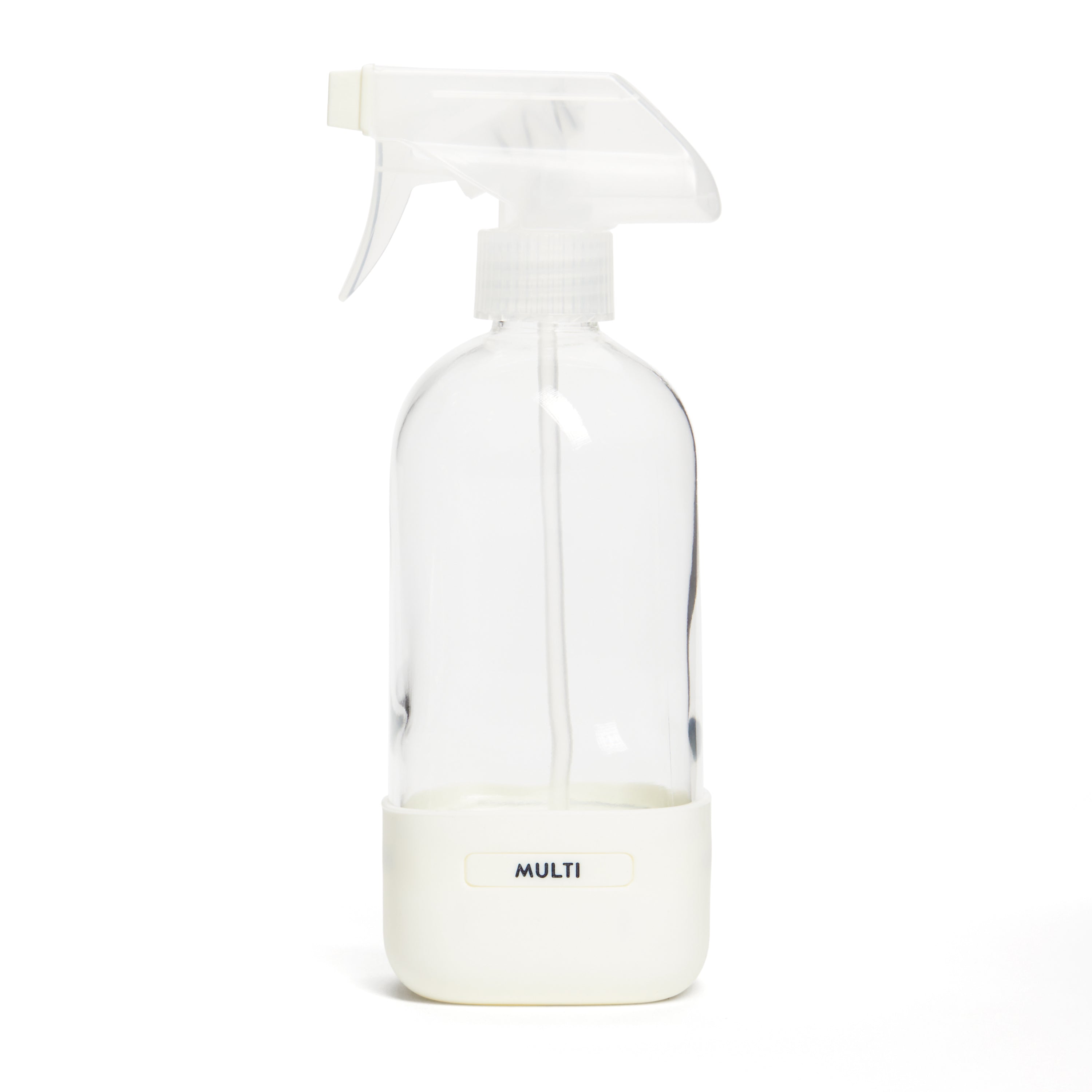 A Grove Co. Refillable Spray Bottle with MULTI on the base and a white trigger nozzle lies on a plain white background. Made from sustainable materials, its ideal for Grove Co. Cleaning Concentrates.
