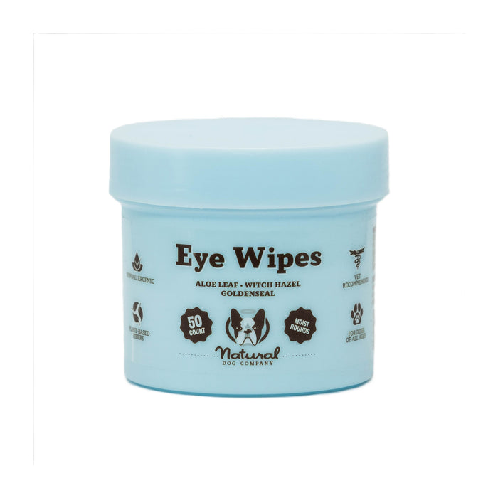 A light blue container of Natural Dog Company Eye Wipes, labeled as hypoallergenic, plant-based, and biodegradable, with aloe leaf, witch hazel, and goldenseal. The container holds 50 wipes.