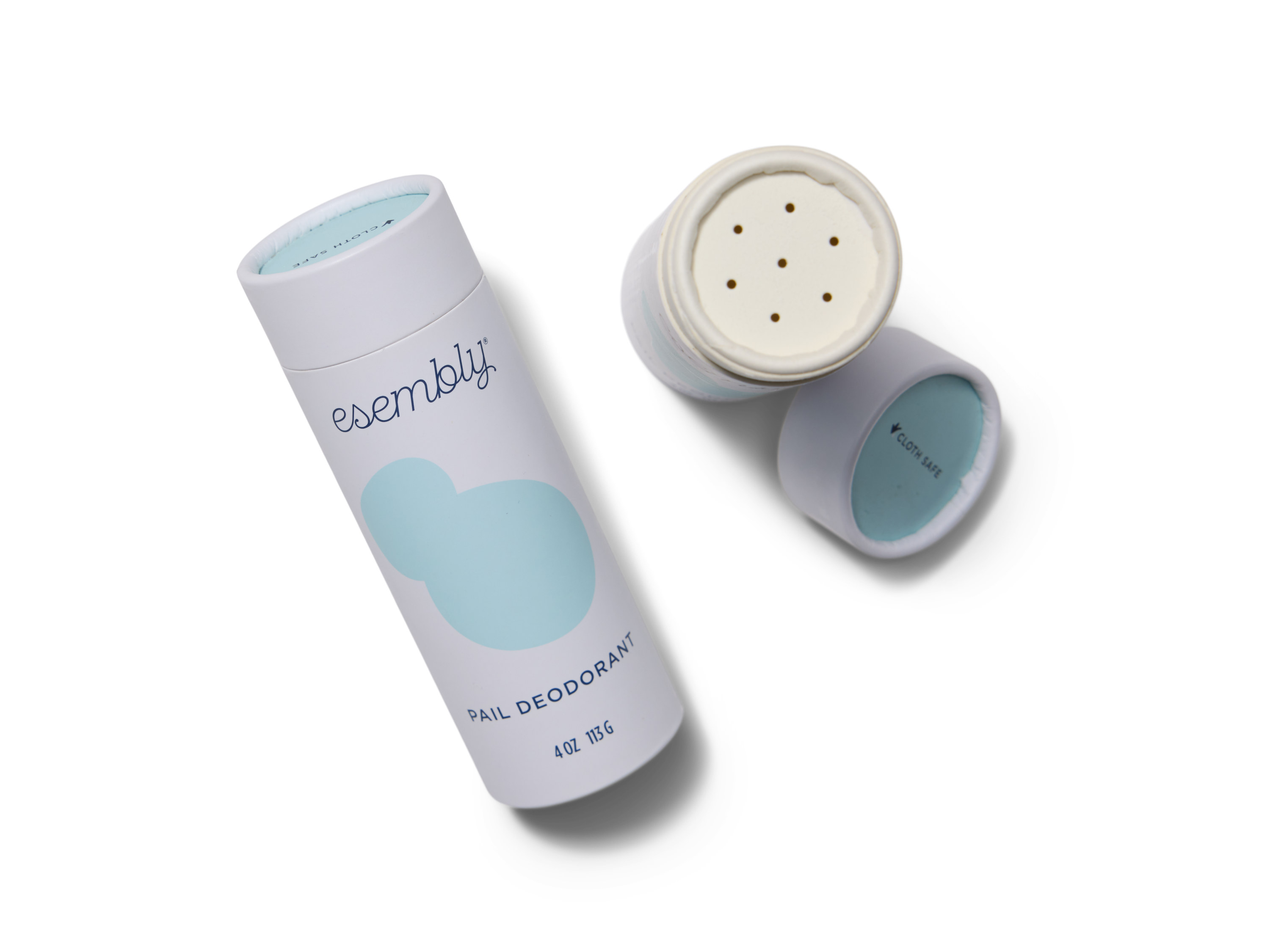 A cylindrical container of Esembly Pail Deodorant, opened to show the powder dispenser with small holes. The label is white with light blue accents and text. The container and lid are placed on a white background.