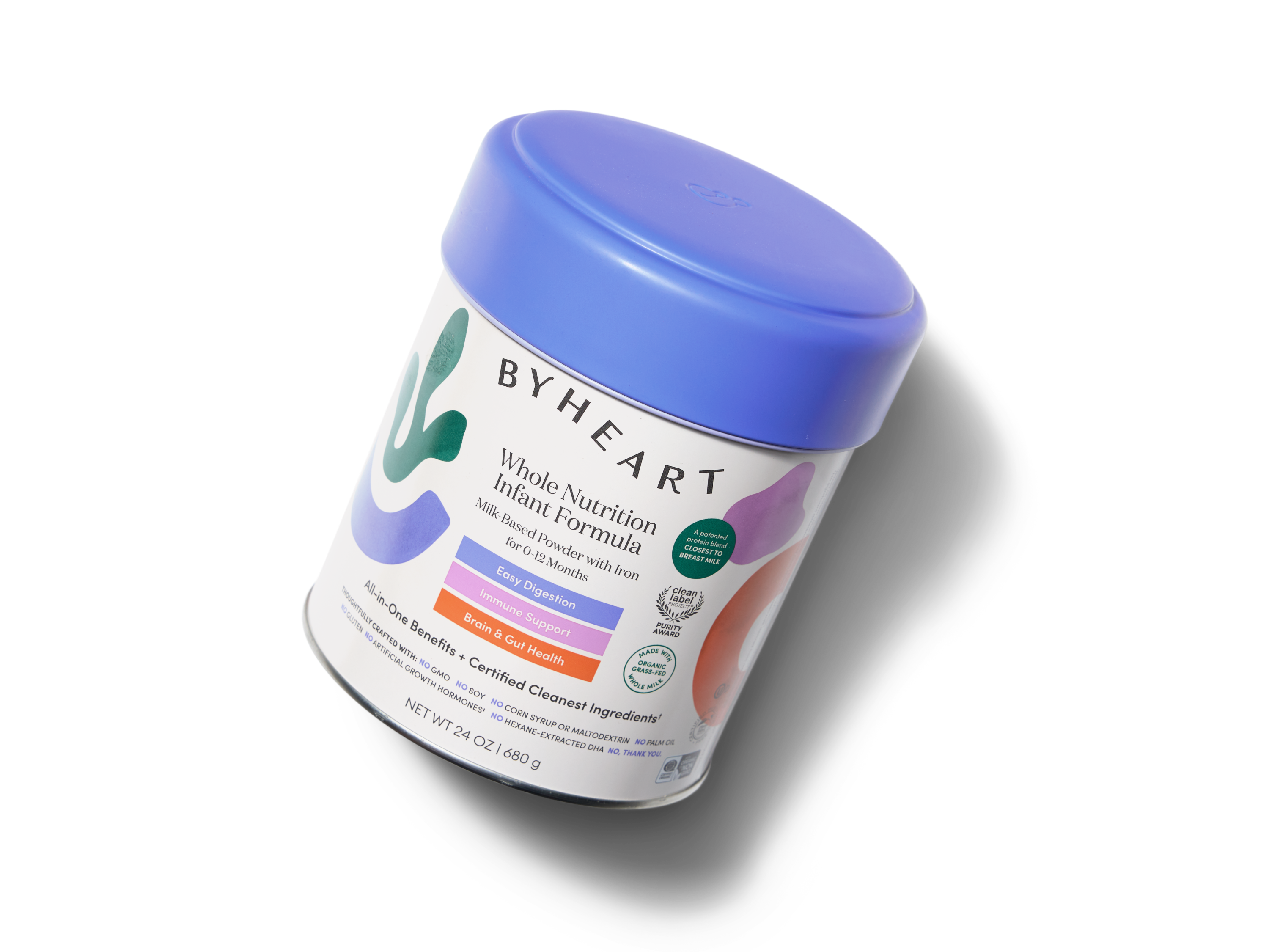 A canister of ByHeart Whole Nutrition Infant Formula with a blue lid and a label featuring colorful abstract shapes, text indicating benefits for easy digestion, strong immunity, and brain development, on a white background.