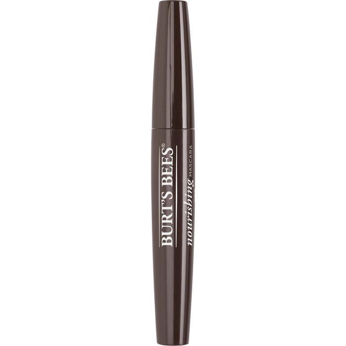 A closed tube of Burts Bees Nourishing Mascara in brown packaging, shown upright with the brand and product name printed on the side.