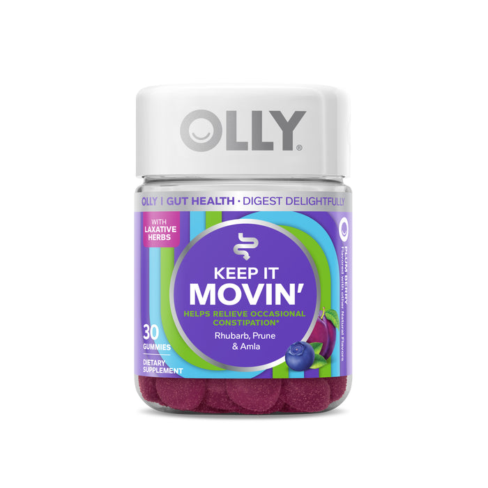 A container of OLLY Keep It Movin gummies, labeled to help relieve occasional constipation, with rhubarb, prune, and amla. The bottle has a purple label and contains 30 gummies.