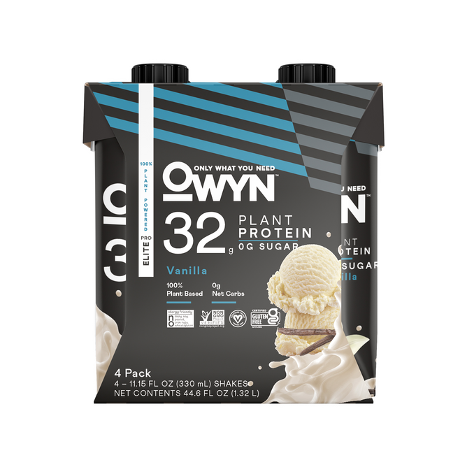 The packaging of OWYNs Elite Protein Shake, 32G, Vanilla flavor, showcases four 11.5 oz bottles. It highlights plant protein, Omega-3 ALA, zero sugar, and keto-friendly net carbs. The front displays melting ice cream scoops with a splash of vanilla liquid for an enticing appeal.