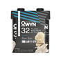 The packaging of OWYNs Elite Protein Shake, 32G, Vanilla flavor, showcases four 11.5 oz bottles. It highlights plant protein, Omega-3 ALA, zero sugar, and keto-friendly net carbs. The front displays melting ice cream scoops with a splash of vanilla liquid for an enticing appeal.