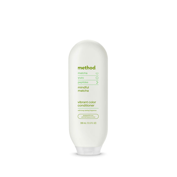 A white bottle of Method vibrant color conditioner with green text, featuring ingredients like matcha, yuzu, and peptides. The bottle has a rounded shape and stands vertically against a white background.