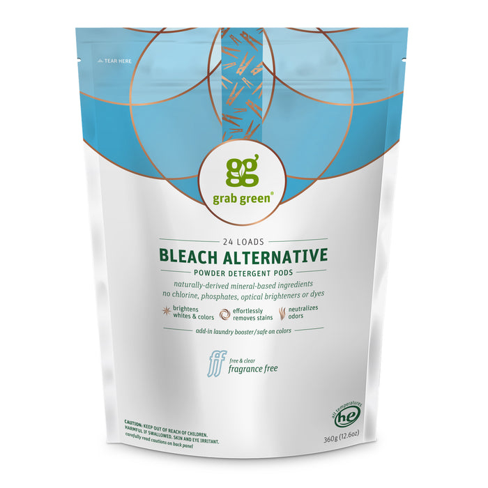 A white and turquoise pouch of Grab Green Bleach Alternative Powder Detergent Pods, labeled as fragrance-free, for 24 loads. The packaging highlights no chlorine, phosphates, or dyes, and is suitable for high-efficiency washers.