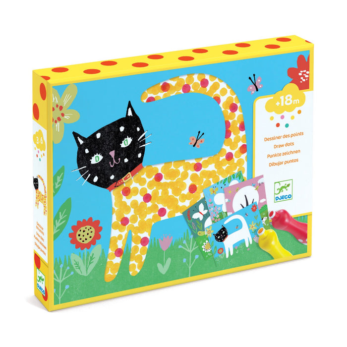 A colorful art kit box shows a playful black-headed cat with a yellow, red, and orange spotted body on a blue background with flowers. The kit is for ages 18 months and up, made by Djeco, and includes drawing tools and sample cards.