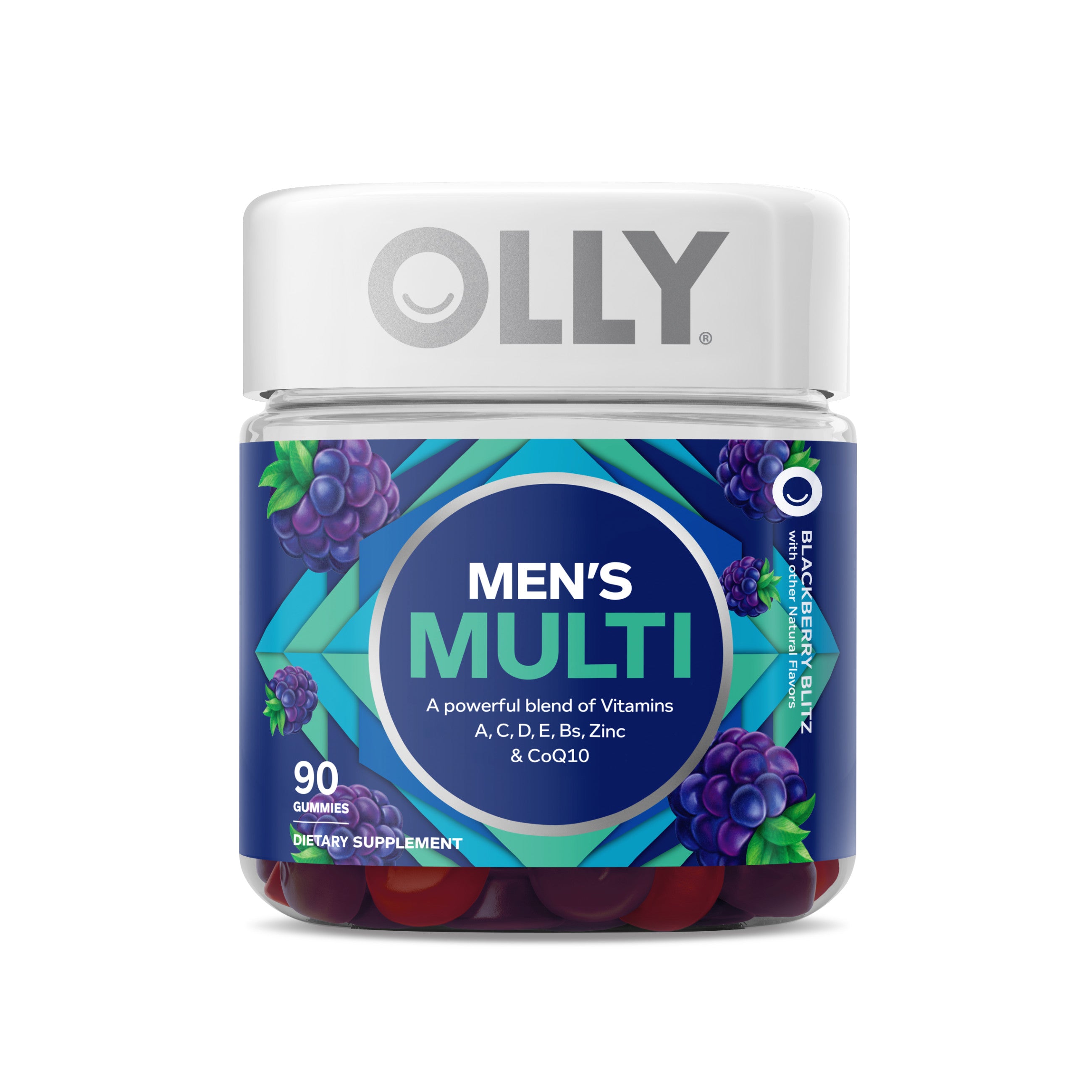 The OLLY Mens Multi vitamins jar features a vibrant blue design with blackberry and grape images. It contains 90 gummies providing Vitamins A, C, D, E, B, Zinc, and CoQ10 to support mens daily nutrition.