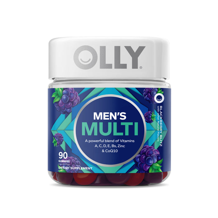A jar of OLLY Mens Multi dietary supplement gummies featuring a blue label with images of blackberries and grapes. The jar contains 90 gummies and highlights vitamins A, C, D, E, Bs, Zinc, and CoQ10.