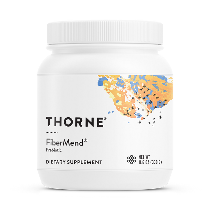 A white plastic jar of Thorne FiberMend Prebiotic Dietary Supplement, 11.6 oz (330 g), with an abstract orange and blue design on the label.