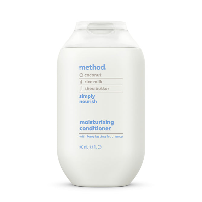 White bottle of Method Simply Nourish Moisturizing Conditioner with coconut, rice milk, and shea butter. The bottle is 100 mL (3.4 fl oz) with blue and gray text and a flip-top cap.