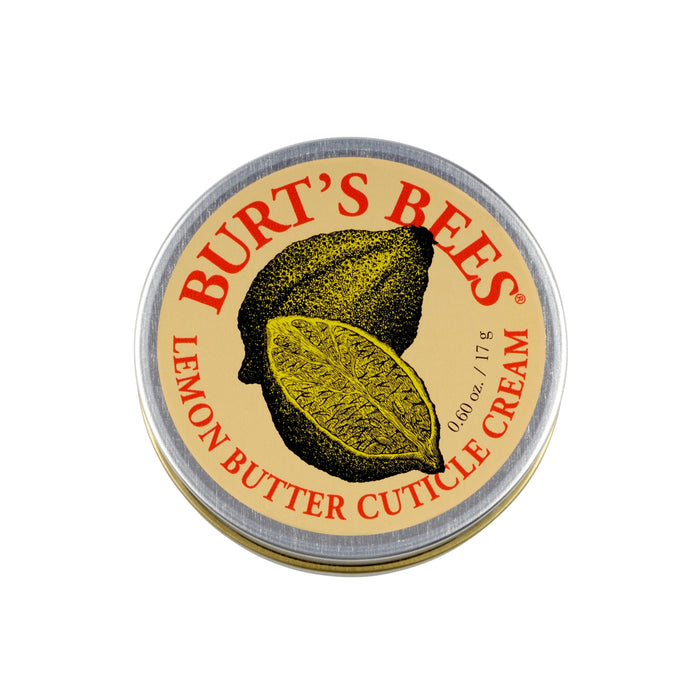 A round tin of Burt’s Bees Lemon Butter Cuticle Cream with a yellow lemon illustration and red text on the lid. The tin contains 0.6 oz (17g) of product.