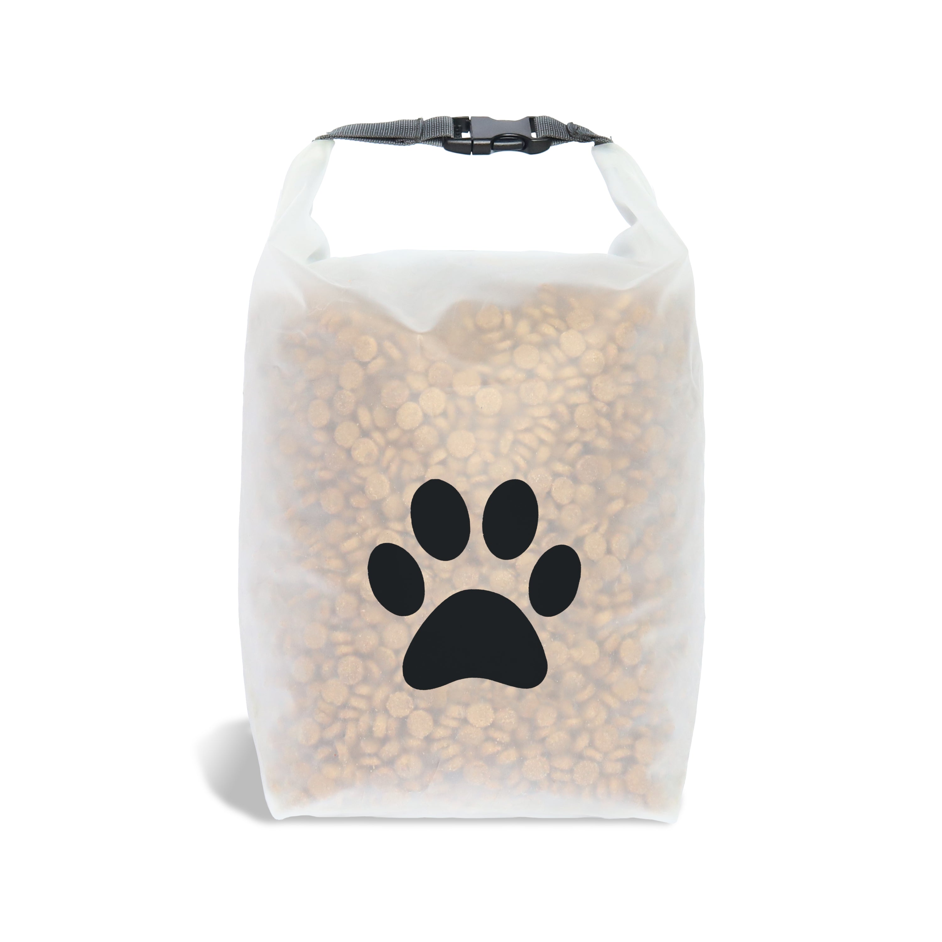 The (re)zip Roll Top Pet Food Storage Bag, made from food-grade PEVA, features a black paw print emblem. It has a 40-cup capacity and is secured with a black buckle for easy carrying and storage.