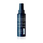 A dark blue Skin Saver Body Spray bottle by Oars + Alps with a black cap is shown from the back, displaying a white text label with product details, directions, caution, company info, and a barcode at the bottom.