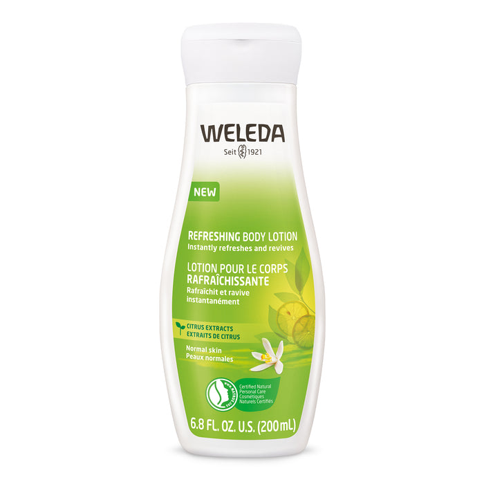 A bottle of Weleda Refreshing Body Lotion with citrus extracts for normal skin, 6.8 fl. oz. (200 ml). The white and green label features lemon graphics and text in English and French.