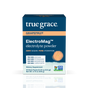 A box of True Grace ElectroMag electrolyte powder, grapefruit flavor. The blue and orange box highlights key ingredients: sodium, potassium, magnesium, and cordyceps. The product is non-GMO and sugar-free.