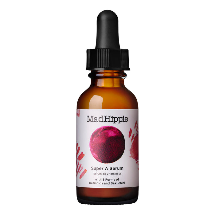 A brown glass dropper bottle labeled Mad Hippie Super A Serum with a white label featuring abstract pink and red brush strokes and a dark purple circle. The bottle has a black dropper cap.