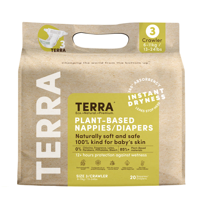 A brown package of Terra plant-based nappies/diapers, size 3 for crawlers (6–11 kg/13–24 lbs), with features like instant dryness, 85% plant-based materials, and 20 nappies per pack.