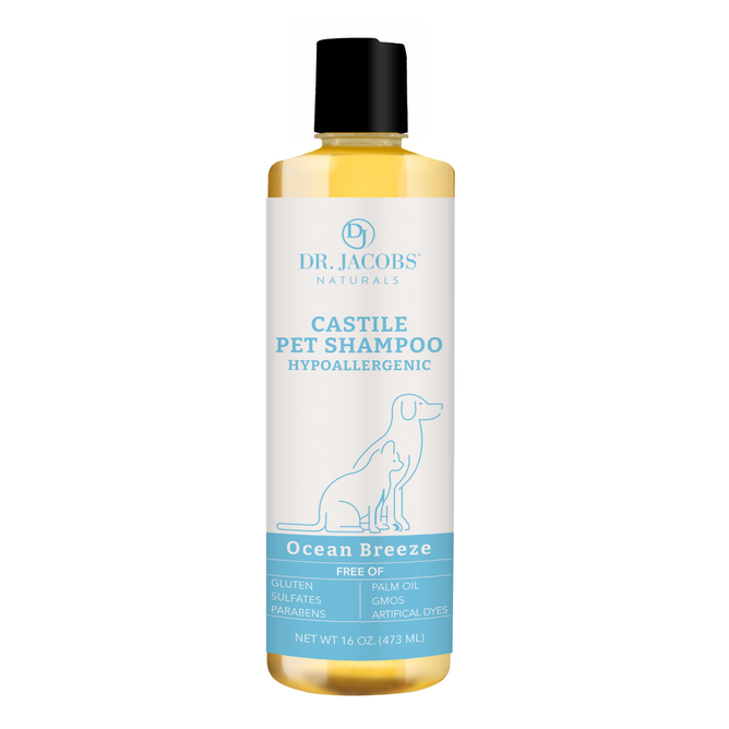 A 16 oz (473 ml) bottle of Dr. Jacobs Naturals Castille Pet Shampoo in Ocean Breeze scent. Hypoallergenic and free from gluten, sulfates, parabens, palm oil, GMOs, and artificial dyes.