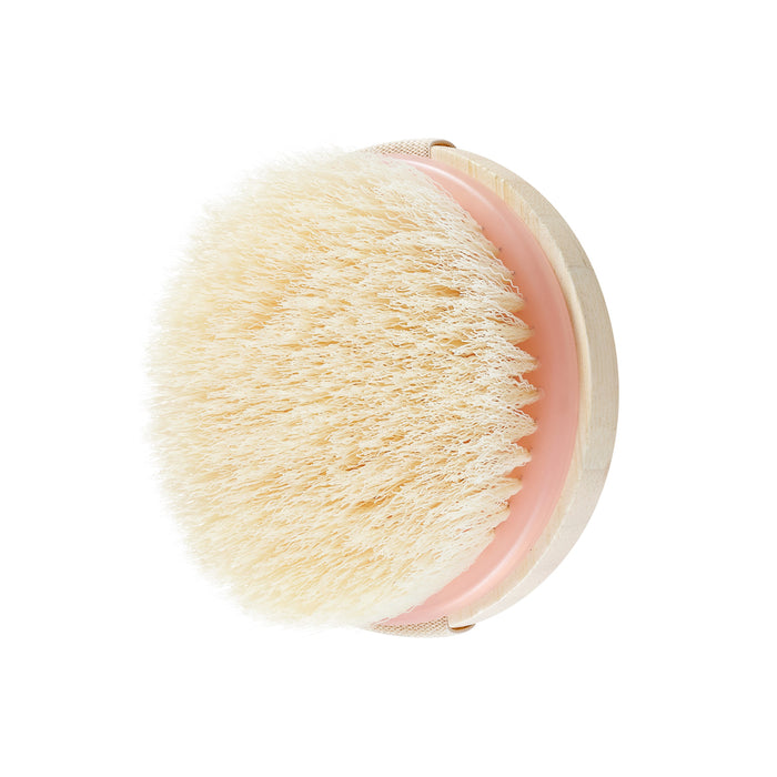 A round, handheld dry brush with soft, dense, light-colored bristles and a light wooden base, shown against a white background.