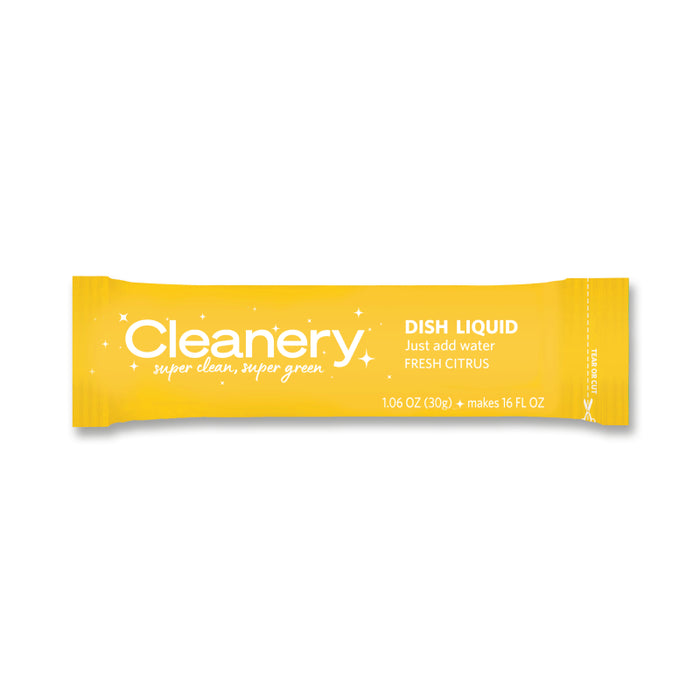A yellow single-use packet labeled Cleanery Dish Liquid with Just add water, Fresh Citrus and 1.06 OZ (30g) makes 16 FL OZ written on the front, along with the slogan super clean, super green.