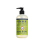 A bottle of Mrs. Meyers Clean Day Hand Soap with a pump dispenser. The label is green and yellow, features lemon scent, and notes it contains olive oil and aloe vera. The bottle size is 12.5 fl oz (370 mL).