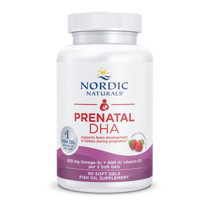 A bottle of Nordic Naturals Prenatal DHA soft gels, labeled as supporting brain development in babies during pregnancy. The bottle contains 90 strawberry-flavored soft gels with omega-3s and vitamin D3.