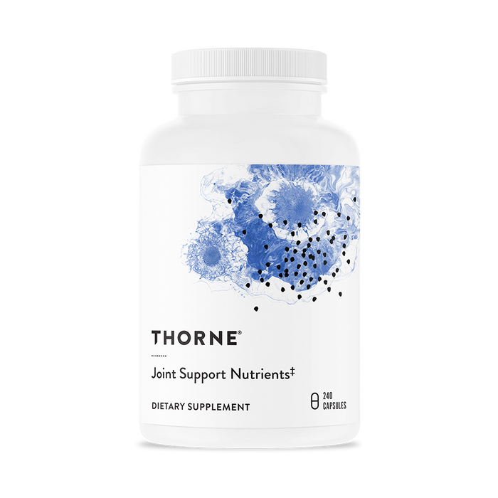 A white bottle labeled Thorne Joint Support Nutrients contains 240 capsules. The label features abstract blue floral artwork with black dots. Text indicates it is a dietary supplement.